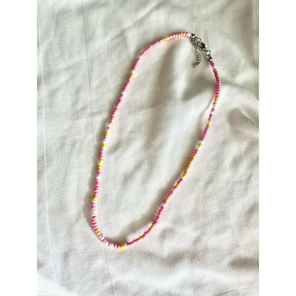 Pink, yellow, and white beach style bead necklace